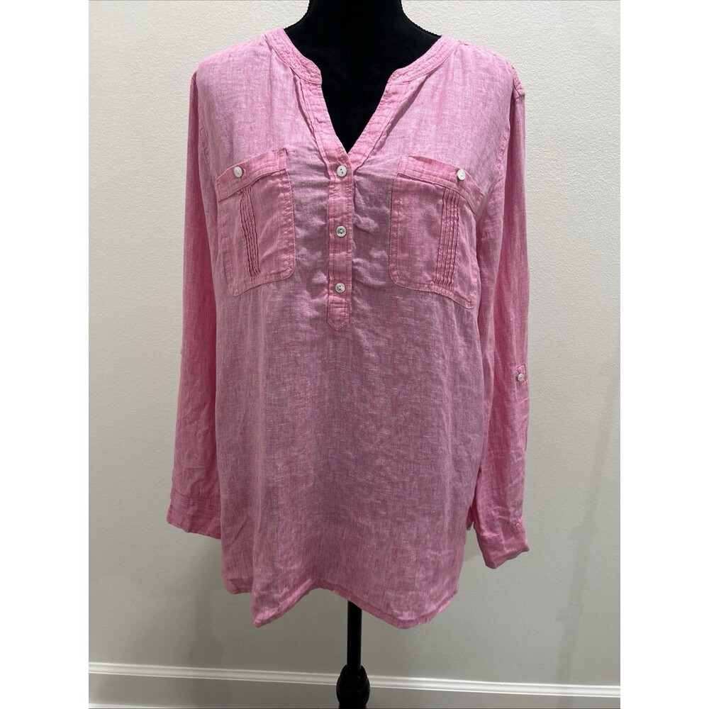 Talbots Sz XL Pink 100% Linen Top Button Up V Neck Pockets Roll Tab Sleeves